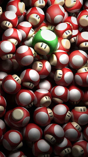 Super Mario Mushroom Power-Up Collection with Green Star Feature HD phone wallpaper