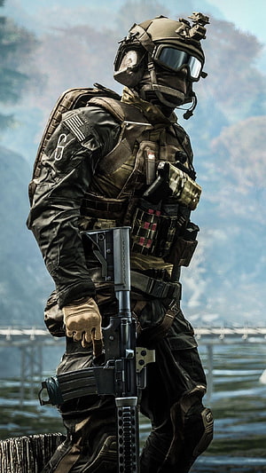 Tactical Soldier in Full Combat Gear Holding Rifle Near Water HD phone wallpaper