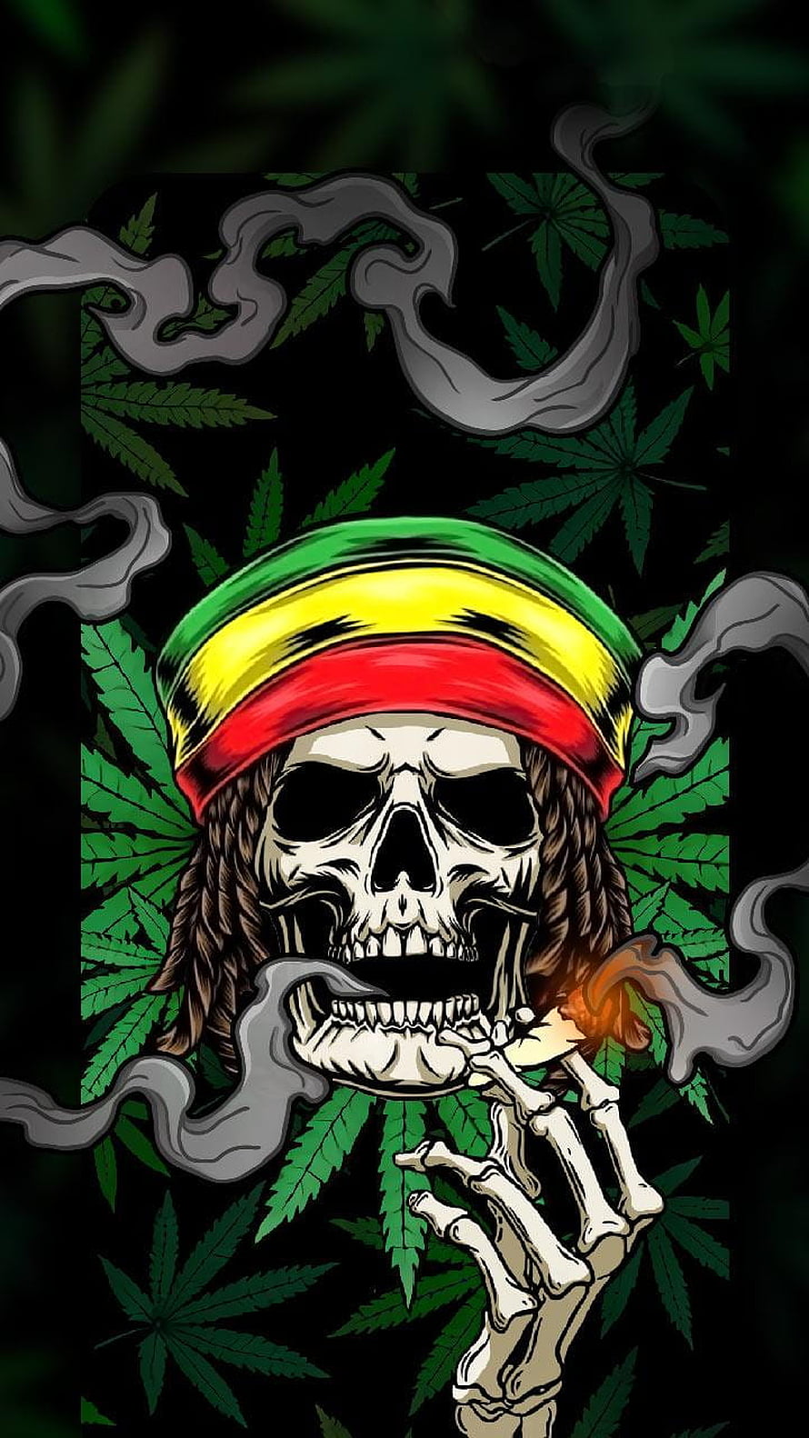 Rasta Skull Smoking Joint With Cannabis Leaves Background HD phone wallpaper