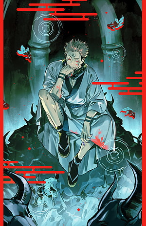 Gojo Satoru sitting on skulls in traditional robes with red clouds and koi fish HD phone wallpaper