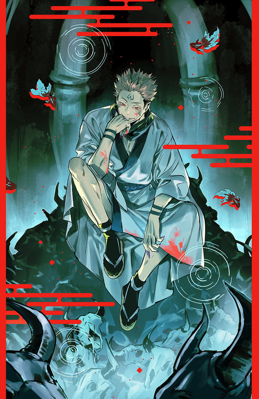 Gojo Satoru sitting on skulls in traditional robes with red clouds and koi fish HD phone wallpaper