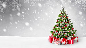Festive Christmas Tree With Red And Silver Ornaments And Gifts In Snowy Winter Scene HD wallpaper