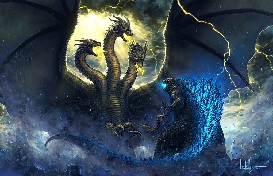 Godzilla and King Ghidorah Clash in a Lightning Storm HD wallpaper