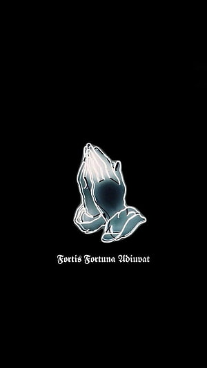 Glowing Praying Hands with Fortis Fortuna Adiuvat Latin Quote on Black Background HD phone wallpaper