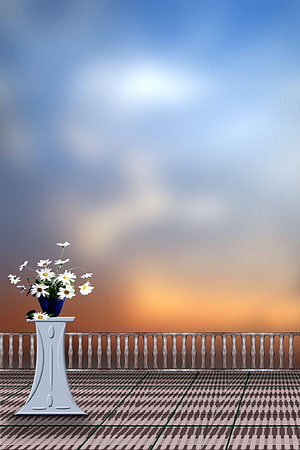 Serene Balcony Scene with White Daisies in Blue Vase Against Sunset Sky HD phone wallpaper