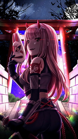Zero Two from Darling in the Franxx holding a fox mask at a torii gate at night HD phone wallpaper