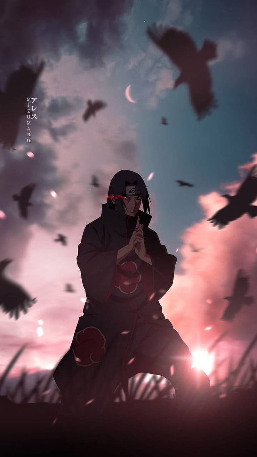 Itachi Uchiha in Akatsuki Cloak with Sharingan Eyes and Crows at Sunset HD phone wallpaper