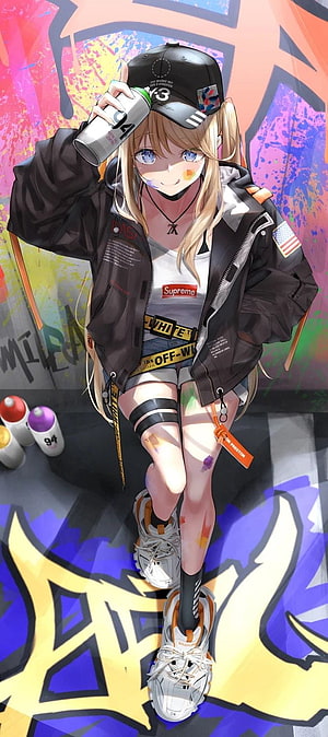 Anime Girl in Streetwear Holding Spray Paint Can Against Vibrant Graffiti Wall HD phone wallpaper