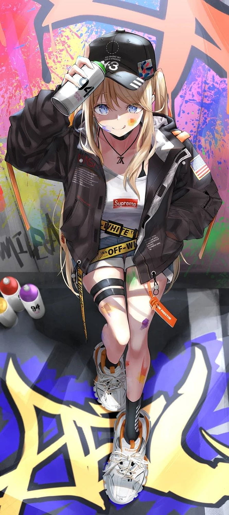 Anime Girl in Streetwear Holding Spray Paint Can Against Vibrant Graffiti Wall HD phone wallpaper