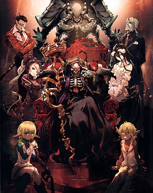 Overlord anime cast group art featuring Ainz Ooal Gown on throne with Albedo, Demiurge, Shalltear, and Cocytus HD phone wallpaper