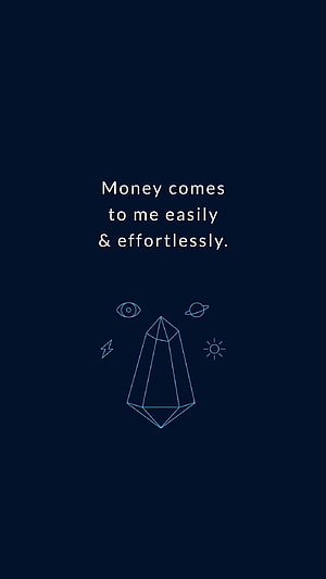 Minimalist Wealth Affirmation Quote with Geometric Crystal and Celestial Line Art on Dark Blue Background HD phone wallpaper