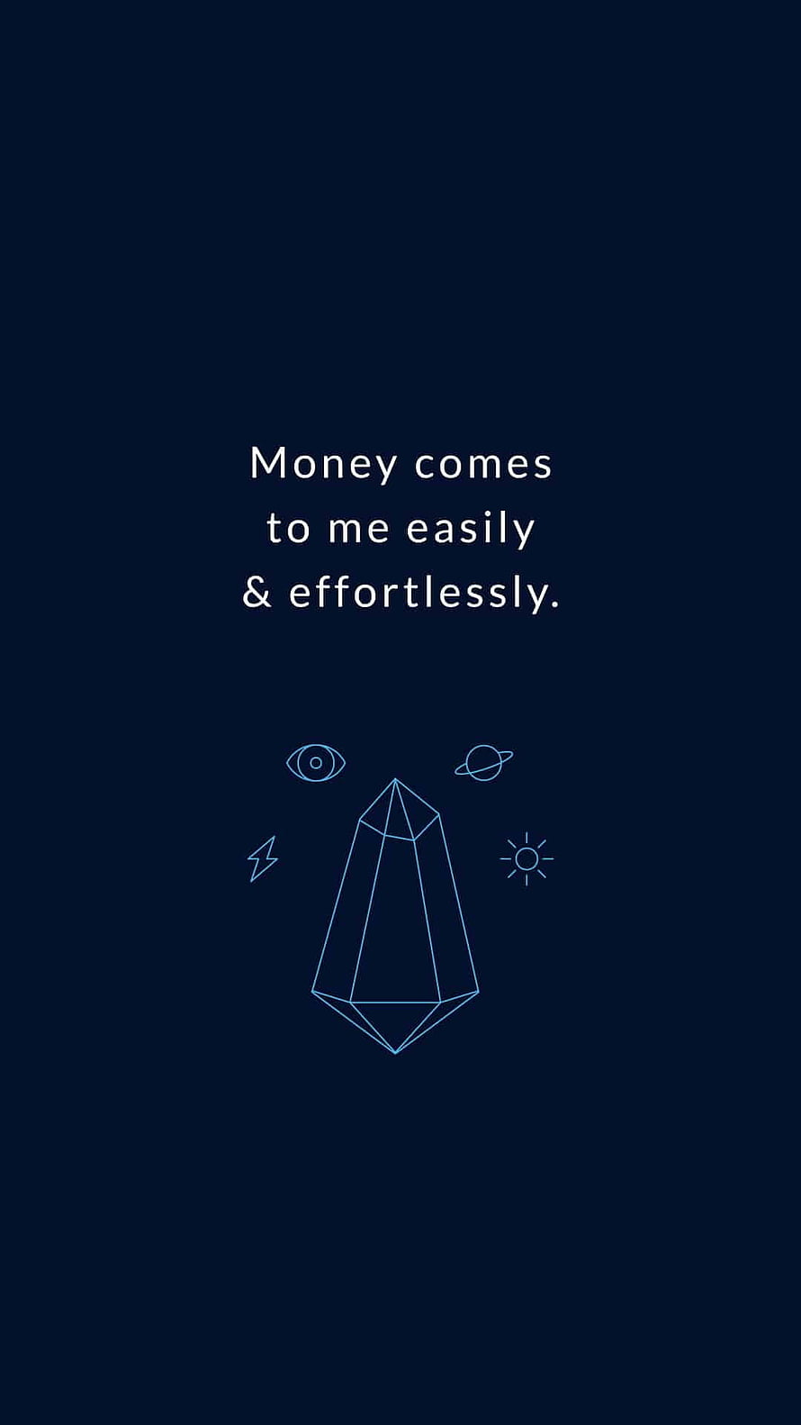 Minimalist Wealth Affirmation Quote with Geometric Crystal and Celestial Line Art on Dark Blue Background HD phone wallpaper