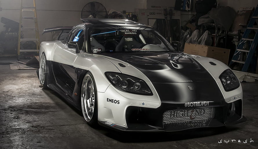 Veilside Modified Mazda RX-7 Widebody Supercar in Garage HD wallpaper