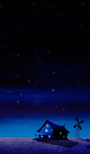 Cozy Cabin Under Starry Night Sky With Windmill HD phone wallpaper