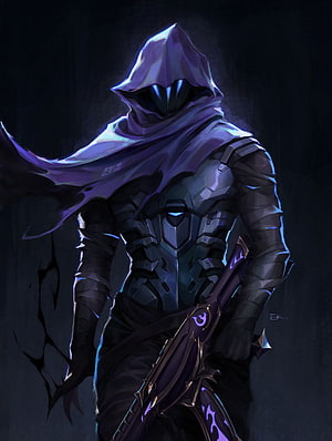 Mysterious hooded assassin in dark armor holding a glowing purple rifle HD phone wallpaper