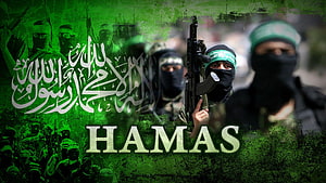 Hamas Militants with Rifles and Green Headbands Against Arabic Calligraphy Background HD wallpaper