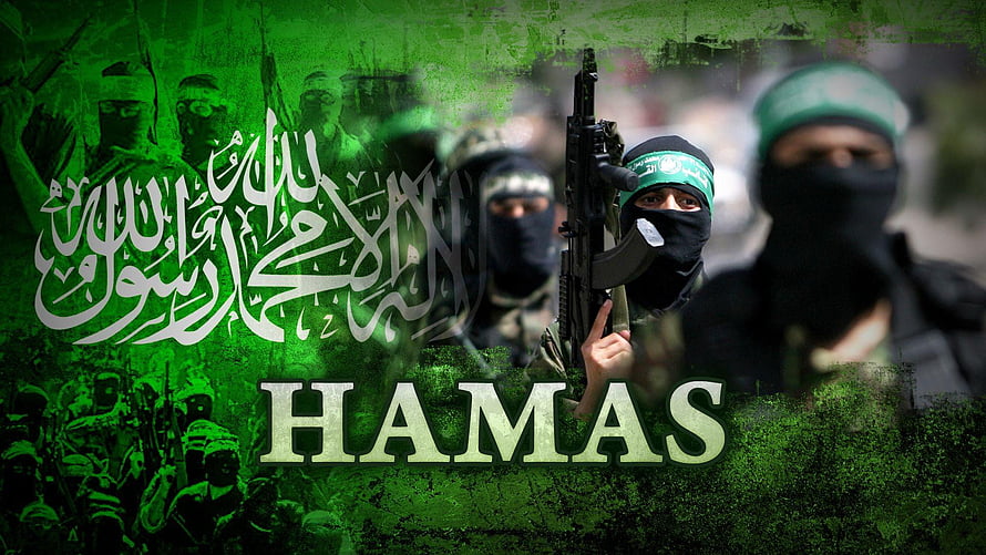 Hamas Militants with Rifles and Green Headbands Against Arabic Calligraphy Background HD wallpaper