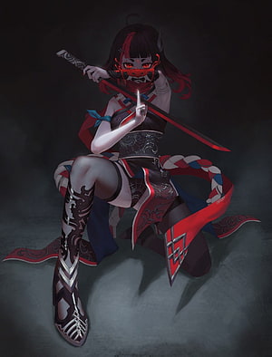 Anime Oni Girl Warrior Wearing Red Demon Mask and Holding Katana Sword HD phone wallpaper