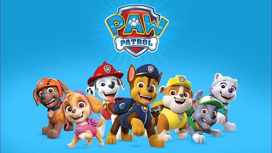 Paw Patrol Team Group Photo with Chase, Marshall, Skye, Rubble, Rocky, Zuma, and Everest on Blue Background HD wallpaper