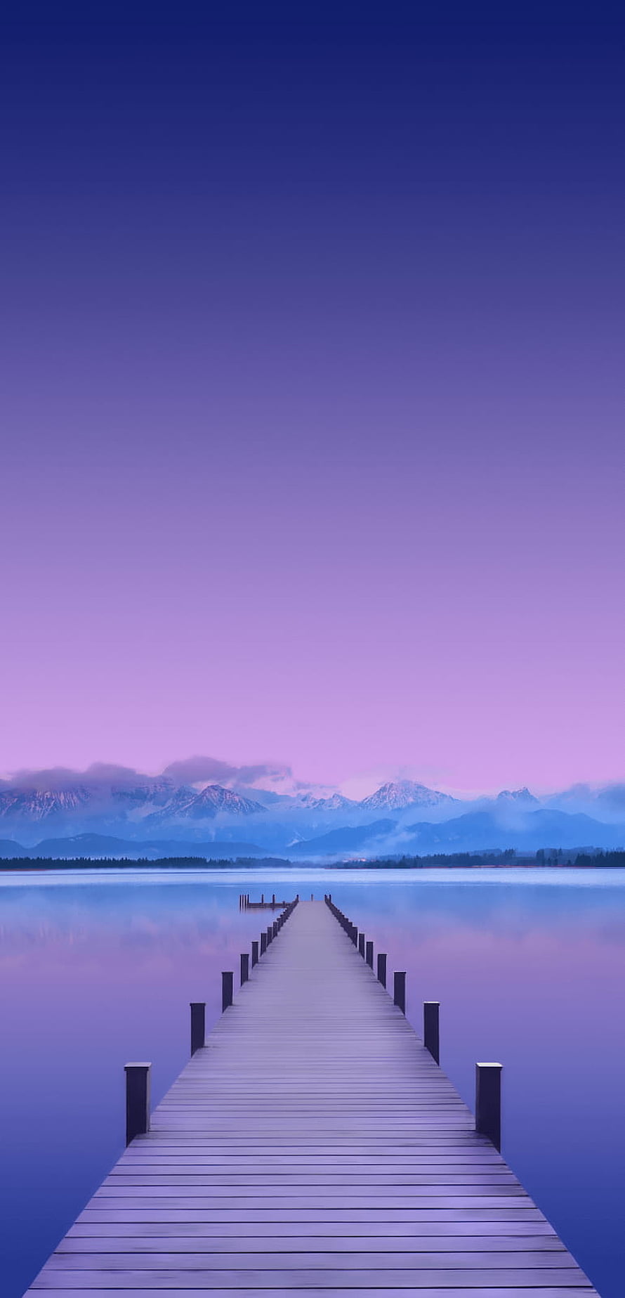 Serene Wooden Pier Extending Into Calm Lake With Purple Sky And Distant Mountains HD phone wallpaper