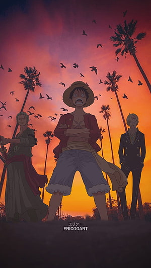 Luffy Zoro and Sanji standing together at sunset with palm trees and birds HD phone wallpaper