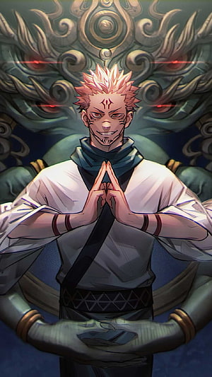 Sukuna Ryomen from Jujutsu Kaisen in white robes with hands clasped, standing before a large multi-eyed deity statue HD phone wallpaper