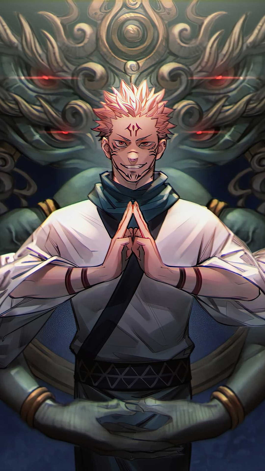 Sukuna Ryomen from Jujutsu Kaisen in white robes with hands clasped, standing before a large multi-eyed deity statue HD phone wallpaper