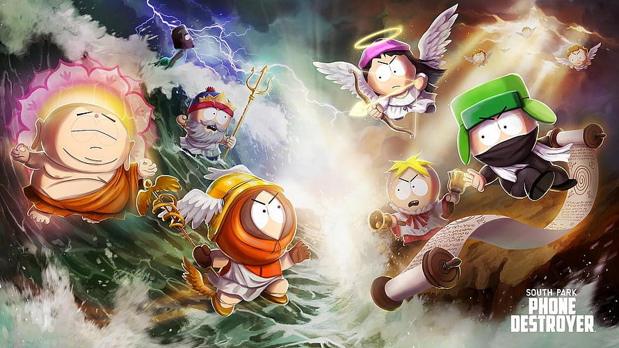 South Park Phone Destroyer promotional art featuring characters in mythological costumes HD wallpaper
