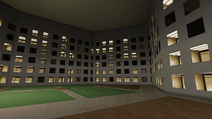 Anemoiapolis Liminal Space Interior with Green Courtyard and Grid Windows HD wallpaper