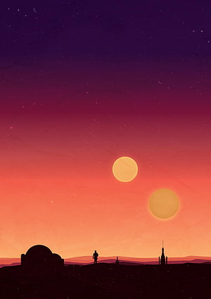 Silhouette of a lone figure standing on a hill overlooking a futuristic cityscape under a vibrant sunset sky with two large yellow suns and stars HD phone wallpaper