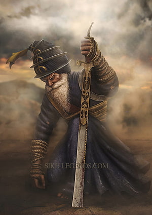 Guru Gobind Singh kneeling with sword in dramatic battle scene HD phone wallpaper