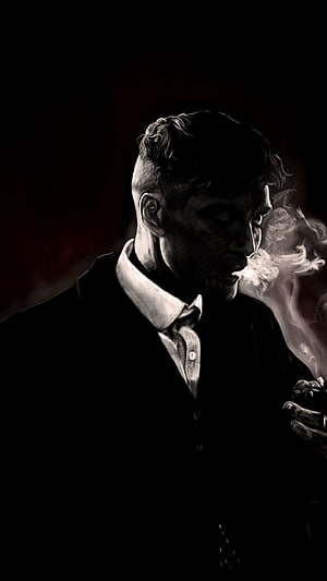 Thomas Shelby from Peaky Blinders Smoking in Dramatic Black and White Portrait HD phone wallpaper