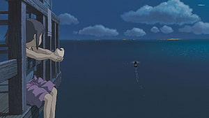Spirited Away Studio Ghibli Scene of Girl Watching Boat on Ocean at Dusk HD wallpaper