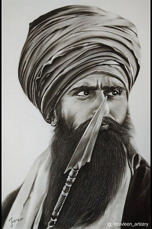Realistic Pencil Portrait of Sikh Warrior with Turban and Kirpan HD phone wallpaper