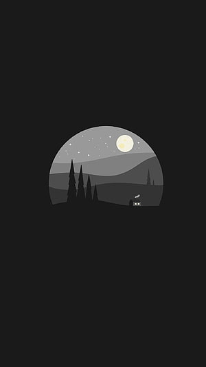 Minimalist Night Landscape With Moon, Stars, Pine Trees, and a Cozy Cabin in a Circular Frame HD phone wallpaper