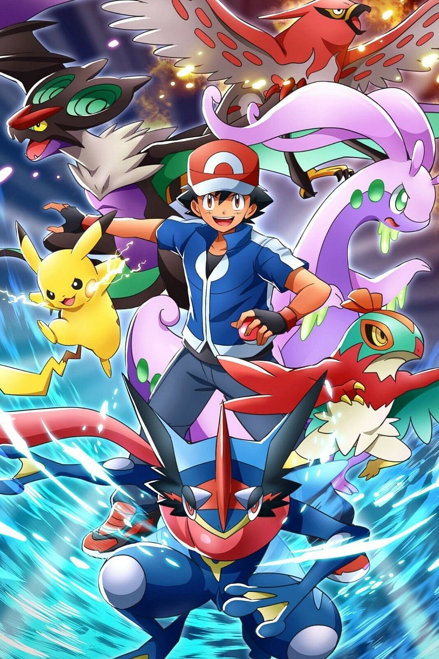 Pokemon X and Y Ash Ketchum with Pikachu and Legendary Pokemon in Dynamic Anime Artwork HD phone wallpaper