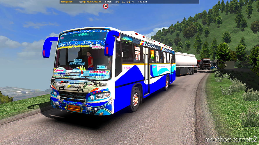 Blue and White Indonesian Bus Driving on a Scenic Highway in Euro Truck Simulator 2 HD wallpaper