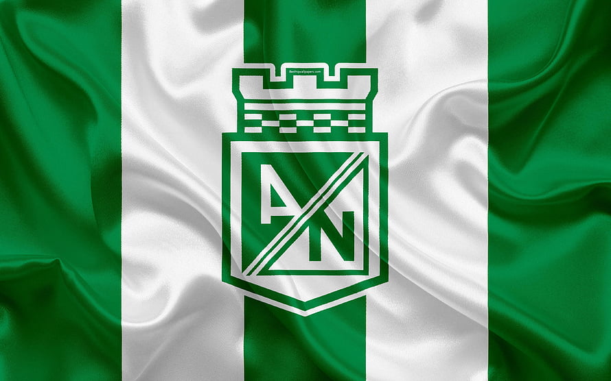 Atletico Nacional Club Crest on Green and White Striped Fabric Background HD wallpaper
