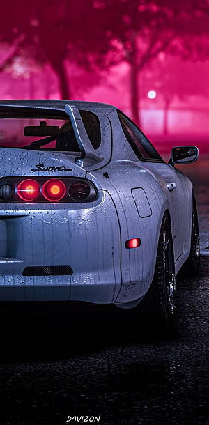 Silver Toyota Supra MK4 rear view in rain with pink neon lights HD phone wallpaper