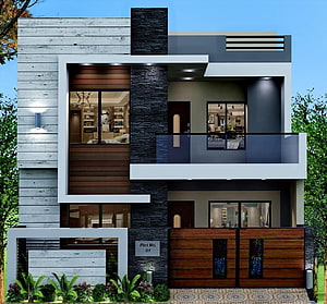 Modern Two-Story Duplex House with Dark Stone and Wood Cladding HD wallpaper