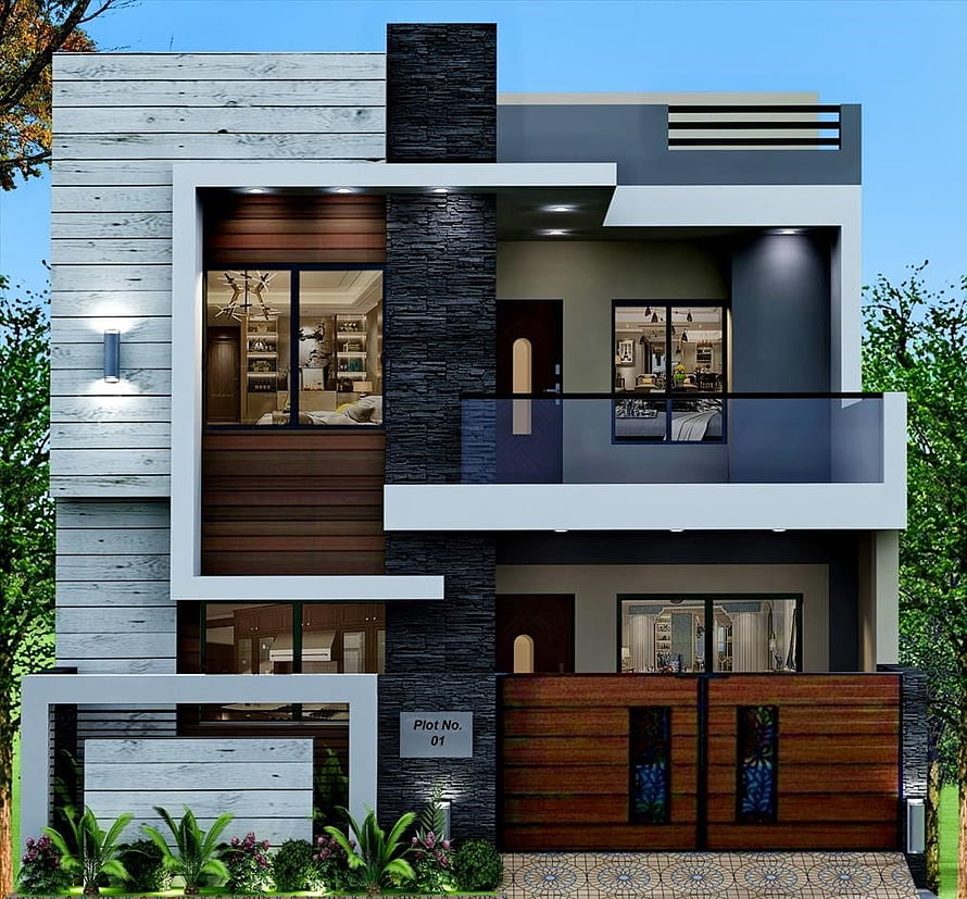 Modern Two-Story Duplex House with Dark Stone and Wood Cladding HD wallpaper