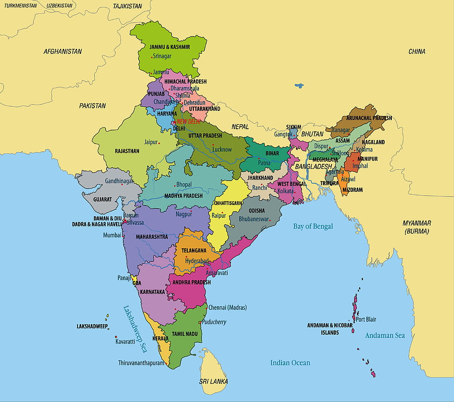 Detailed Political Map of India Showing States, Capitals, and Neighboring Countries HD wallpaper