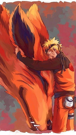 Naruto Uzumaki Hugging Kurama Nine-Tails Fox Anime Wallpaper HD phone wallpaper