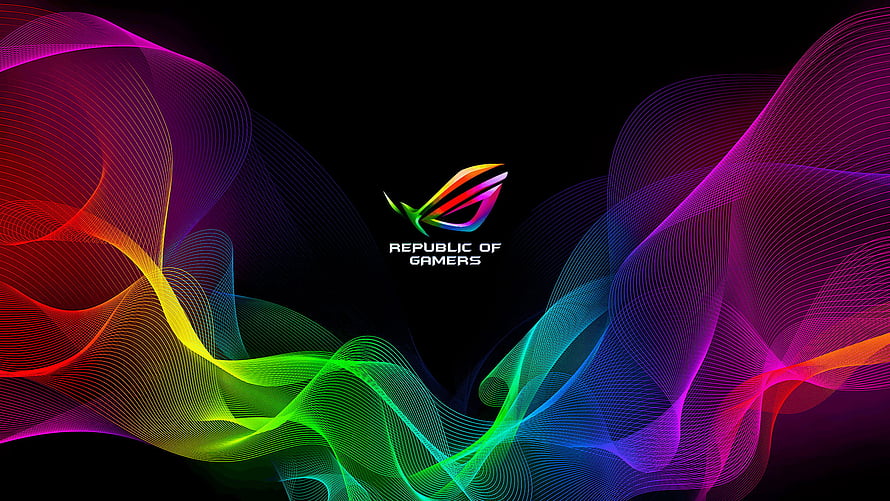 Republic of Gamers RGB Logo with Vibrant Neon Wave Lines on Black Background HD wallpaper