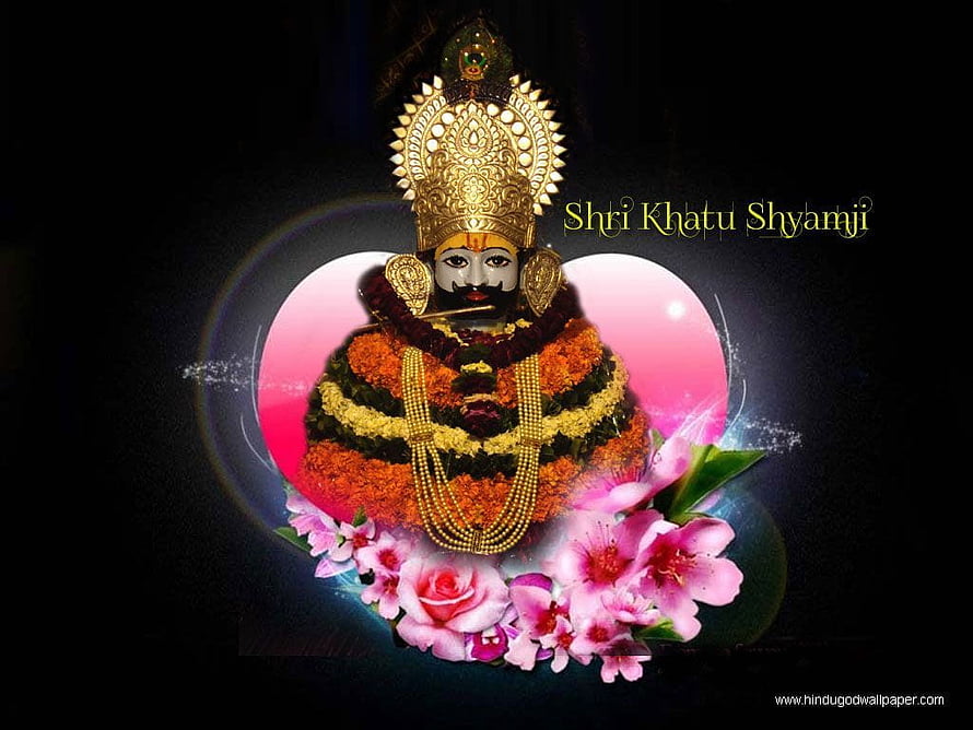 Shri Khatu Shyamji Devotee Wallpaper with Floral Garlands and Golden Crown HD wallpaper