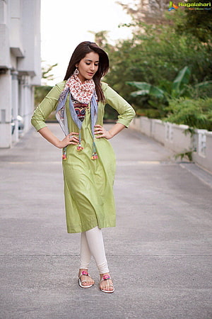 Rashi Khanna in a light green kurta with patterned scarf and white leggings HD phone wallpaper