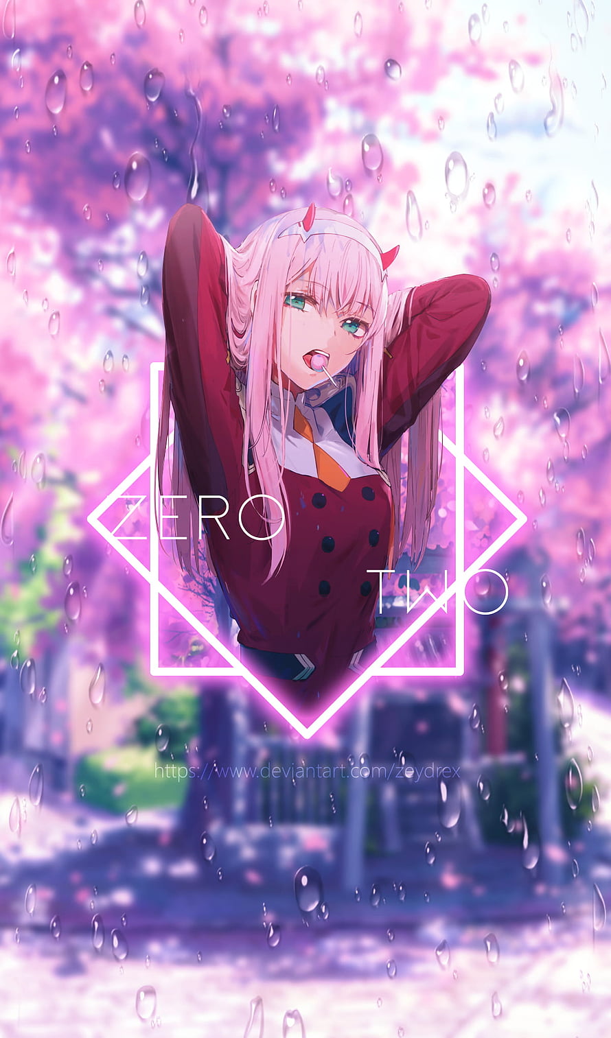 Zero Two from Darling in the Franxx in a Rainy Cherry Blossom Scene HD phone wallpaper