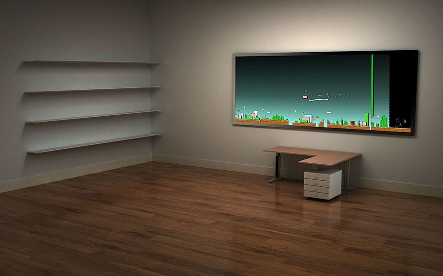 Minimalist empty office room with wooden floor, wall shelves, and a large screen displaying a pixel art game HD wallpaper