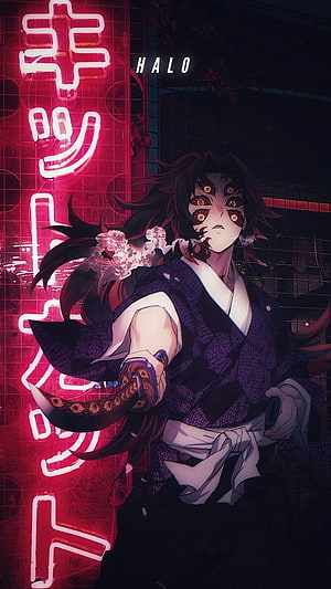 Kokushibo from Demon Slayer in a Cyberpunk Neon Setting HD phone wallpaper