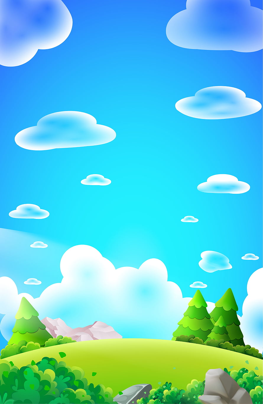 Cute Cartoon Landscape with Green Hills, Pine Trees, and Fluffy Clouds Under a Bright Blue Sky HD phone wallpaper